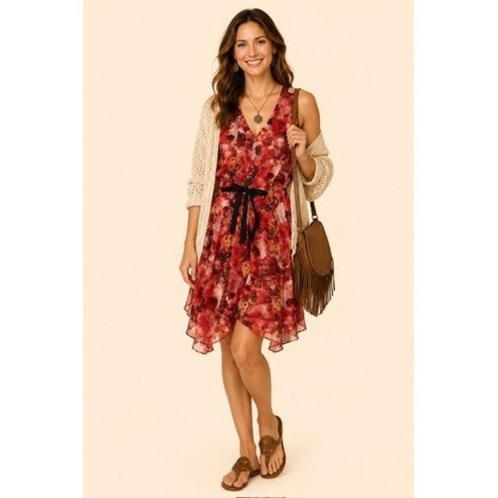 NWT Sundance, Women's, Red Floral, Silk, V-Neck, Tie Waist, Dress Size 10 - Picture 2 of 12